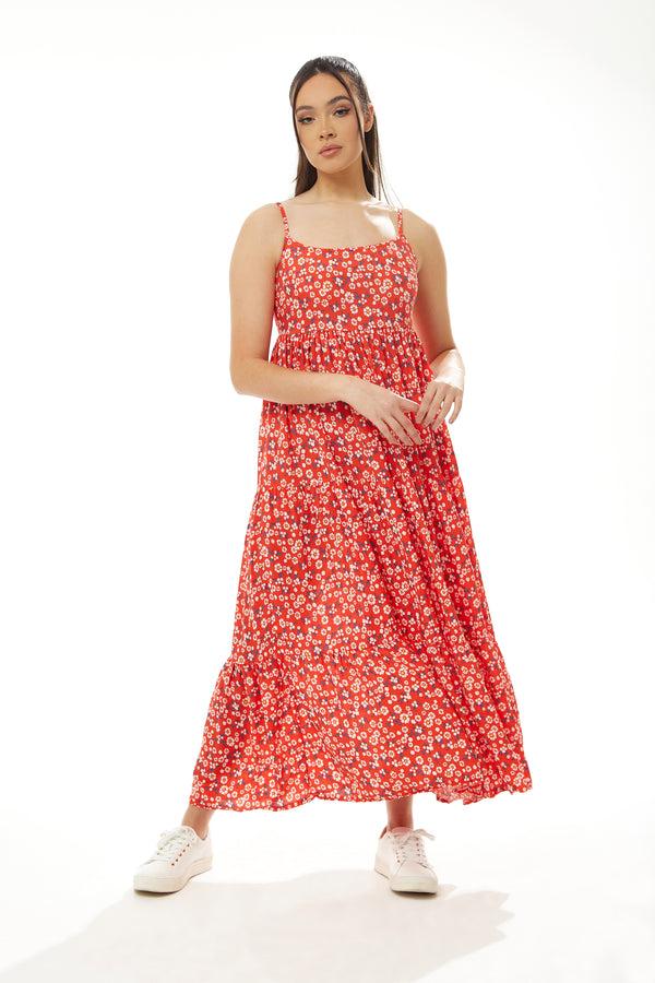 Liquorish Women’s Maxi Dress Red Floral Print Sleeveless Smock Design Elegant Summer Flow