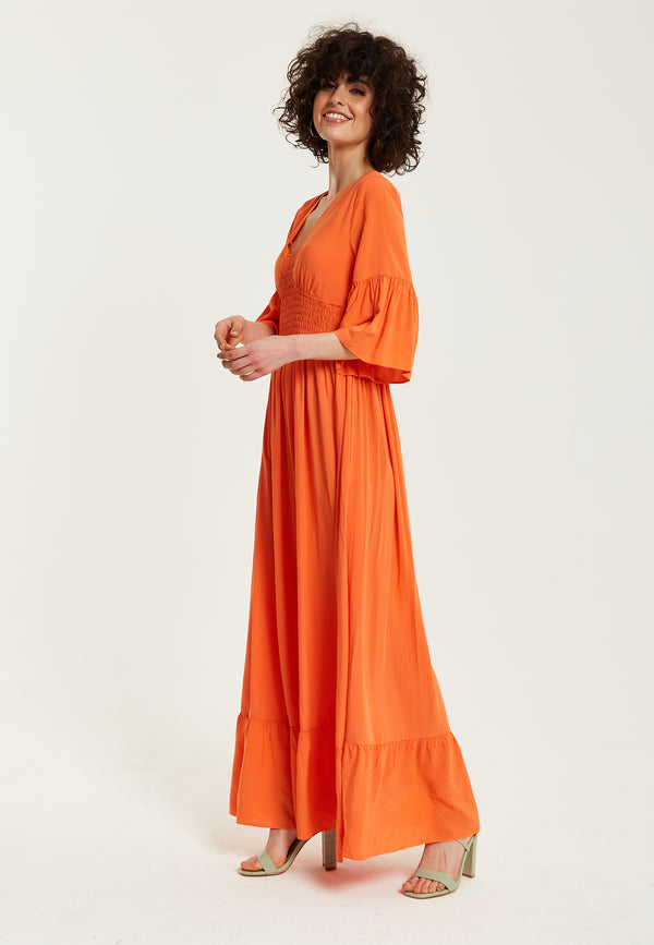 Liquorish Women's Maxi Dress - Vibrant Orange With Frill Sleeves - Elegant V-Neck Design - Comfortable Regular Fit - Liquorish