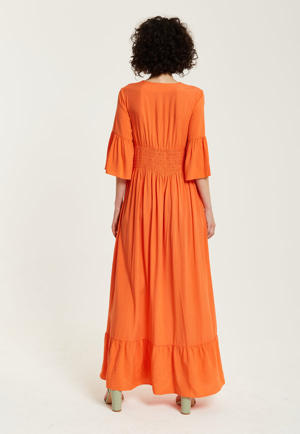 Liquorish Women's Maxi Dress - Vibrant Orange With Frill Sleeves - Elegant V-Neck Design - Comfortable Regular Fit - Liquorish