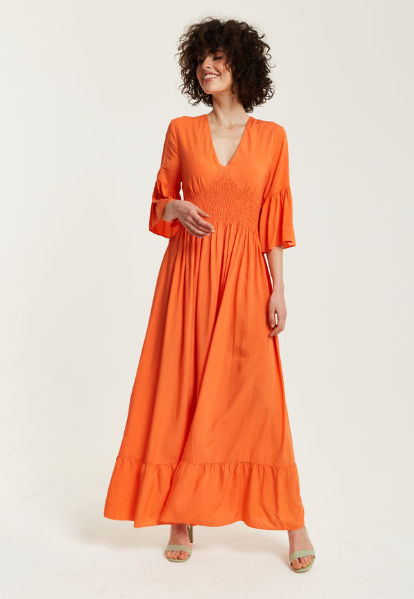 Liquorish Women's Maxi Dress - Vibrant Orange With Frill Sleeves - Elegant V-Neck Design - Comfortable Regular Fit - Liquorish