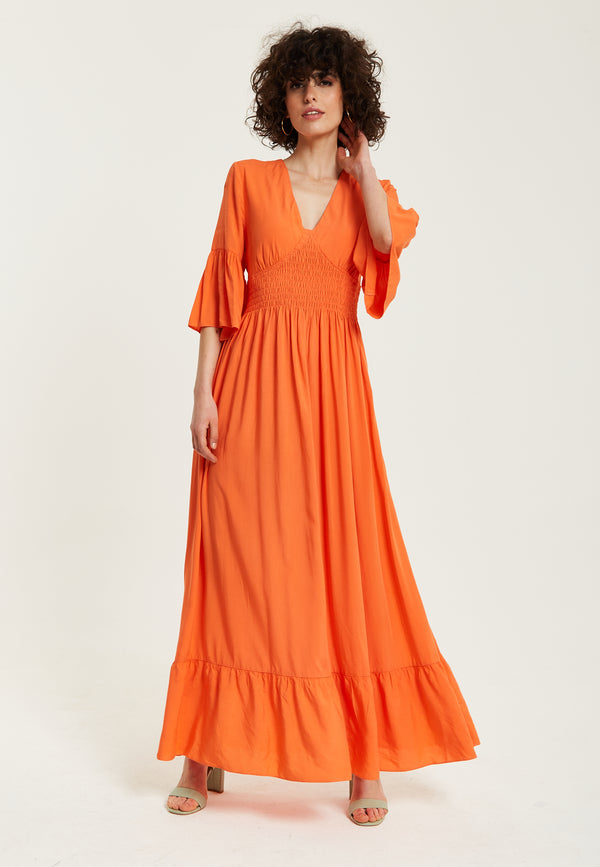 Liquorish Women's Maxi Dress - Vibrant Orange with Frill Sleeves - Elegant V-Neck Design - Comfortable Regular Fit - Liquorish