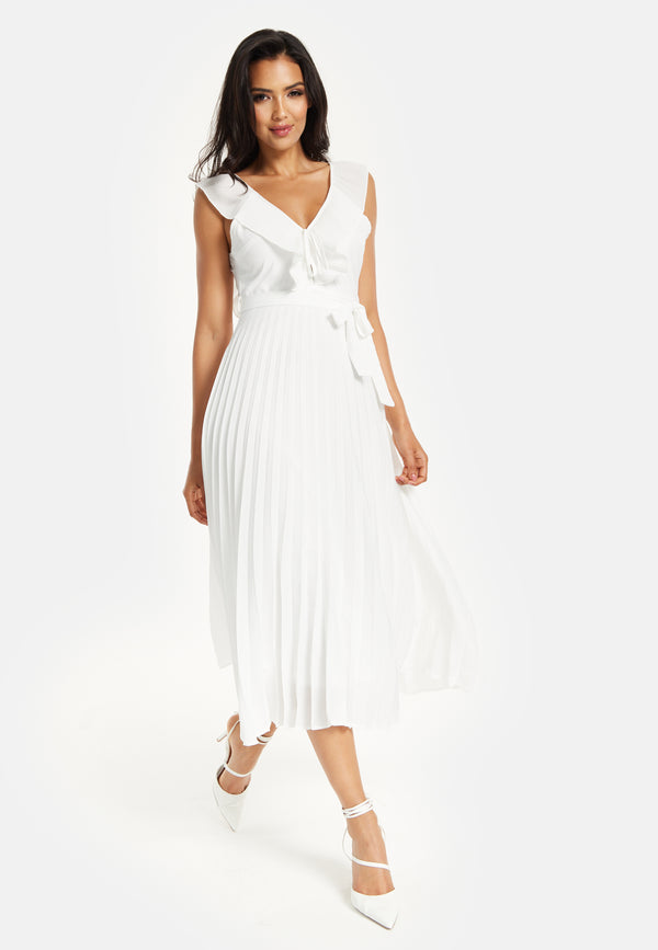 Liquorish Women's Maxi Dress - White Frilled V Neck Sleeveless Pleated Design With Adjustable Tie Waist - Liquorish