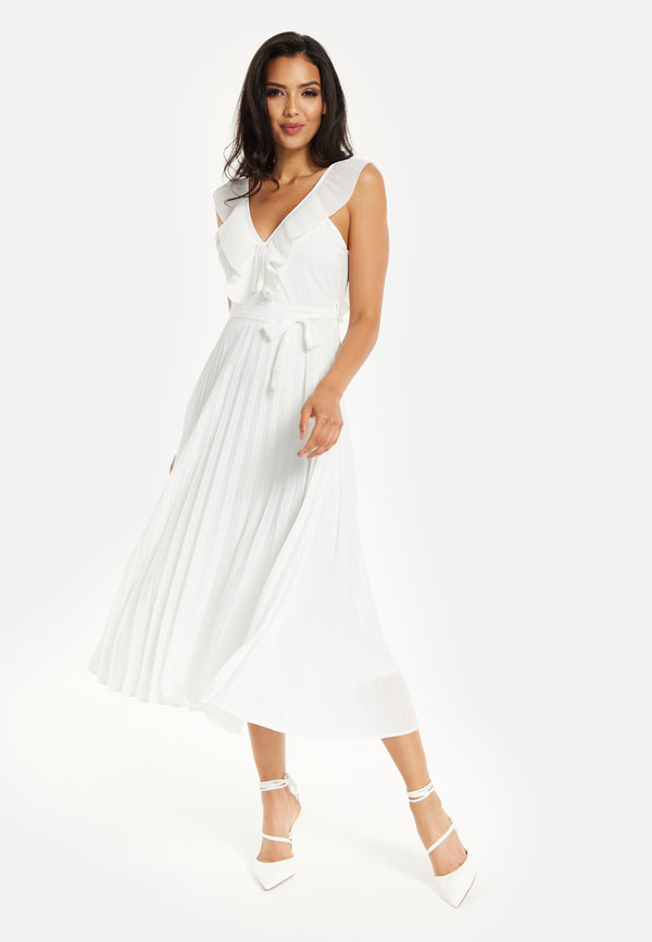 Liquorish Women's Maxi Dress - White Frilled V Neck Sleeveless Pleated Design With Adjustable Tie Waist - Liquorish