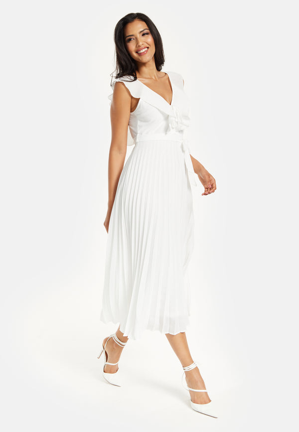 Liquorish Women's Maxi Dress - White Frilled V Neck Sleeveless Pleated Design with Adjustable Tie Waist - Liquorish