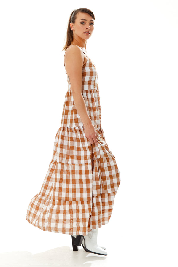 Liquorish Women's Maxi Dress With Button-Up Front And Fluid Movement In Brown And White - Liquorish