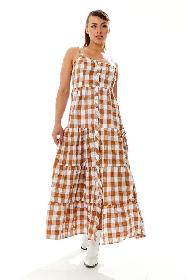Liquorish Women's Maxi Dress with Button-Up Front and Fluid Movement in Brown and White - Liquorish
