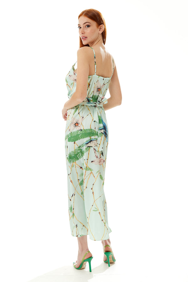 Liquorish Women's Maxi Dress With Cami Style V Neckline Tie Waist And Bird Print In Mint Green - Liquorish