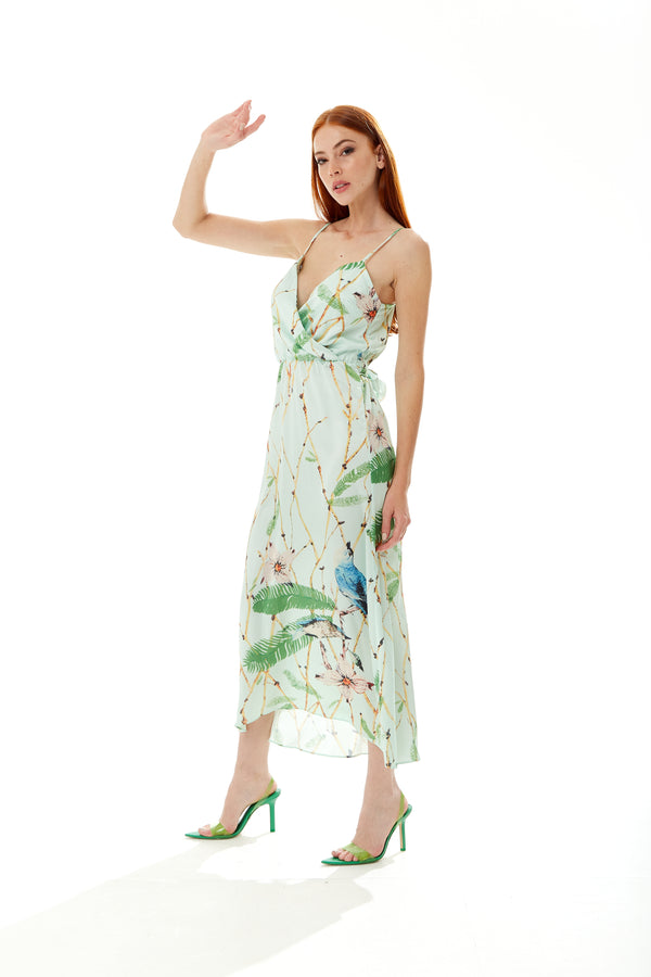 Liquorish Women's Maxi Dress With Cami Style V Neckline Tie Waist And Bird Print In Mint Green - Liquorish