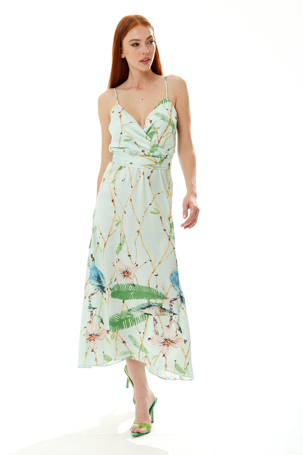 Liquorish Women's Maxi Dress With Cami Style V Neckline Tie Waist And Bird Print In Mint Green - Liquorish