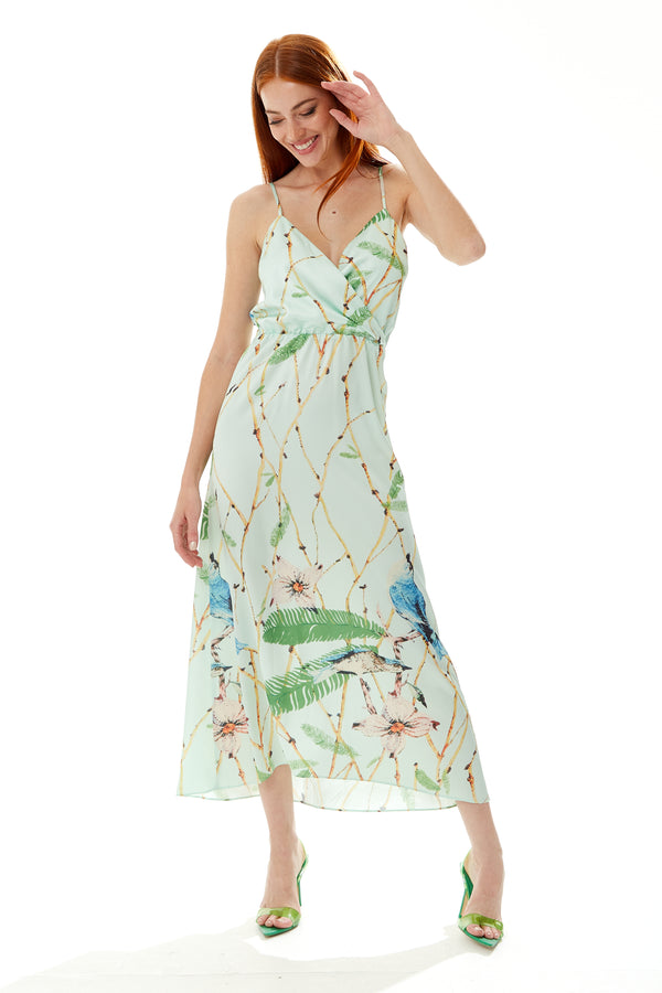 Liquorish Women's Maxi Dress with Cami Style V Neckline Tie Waist and Bird Print in Mint Green - Liquorish