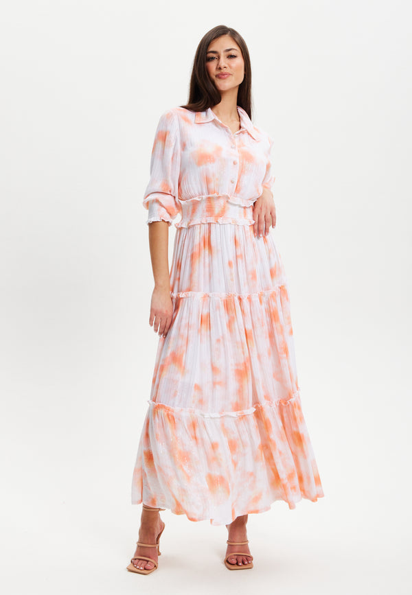 Liquorish Women's Maxi Dress With Elasticated Waist Short Sleeves And Vibrant Orange Dip Dye Design