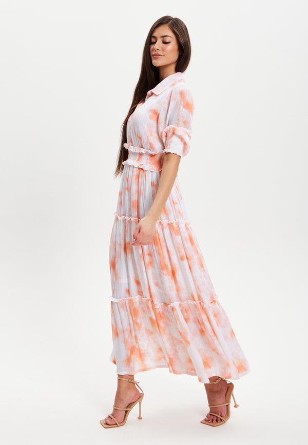 Liquorish Women's Maxi Dress With Elasticated Waist Short Sleeves And Vibrant Orange Dip Dye Design
