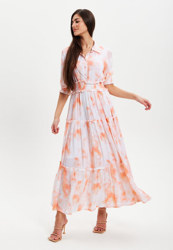 Liquorish Women's Maxi Dress With Elasticated Waist Short Sleeves And Vibrant Orange Dip Dye Design