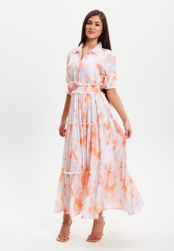 Liquorish Women's Maxi Dress with Elasticated Waist Short Sleeves and Vibrant Orange Dip Dye Design