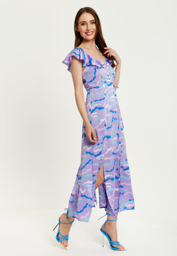 Liquorish Women's Maxi Dress With Flouncy Sleeves And Abstract Zebra Print In Lilac - Liquorish