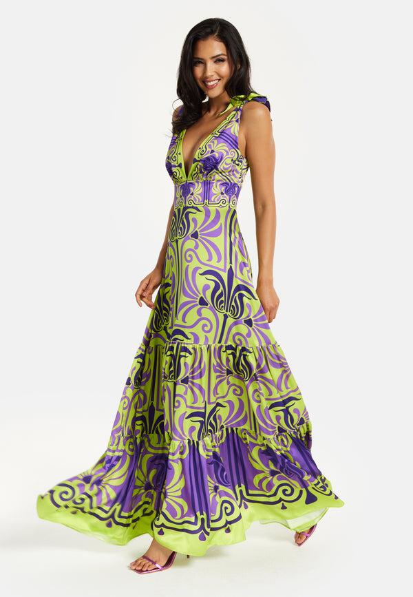 Liquorish Women's Maxi Dress With Flowing Tiered Skirt In Purple And Lime Green - Deep V-Neck Style By Liquorish