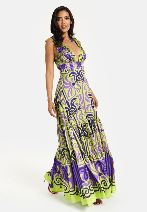 Liquorish Women's Maxi Dress With Flowing Tiered Skirt In Purple And Lime Green - Deep V-Neck Style By Liquorish
