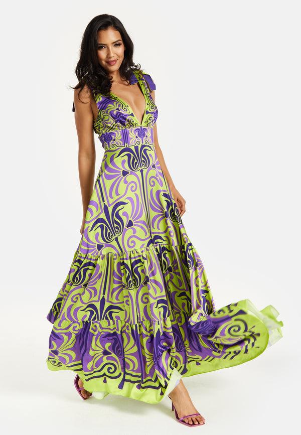 Liquorish Women's Maxi Dress With Flowing Tiered Skirt In Purple And Lime Green - Deep V-Neck Style By Liquorish