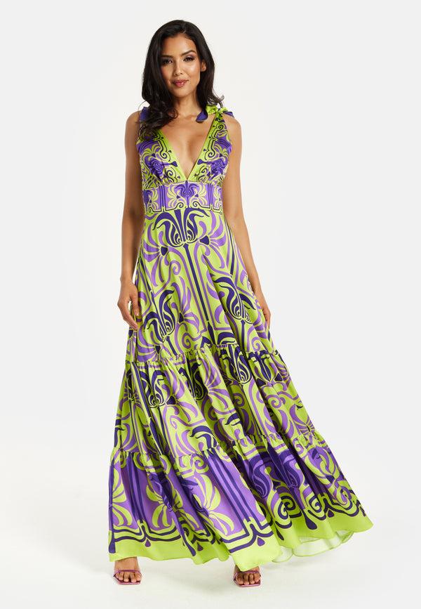 Liquorish Women's Maxi Dress with Flowing Tiered Skirt in Purple and Lime Green - Deep V-Neck Style by Liquorish