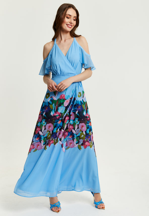 Liquorish Women's Maxi Dress With Frill Details In Blue Cold Shoulder And Sleeveless Design Floral Print - Liquorish