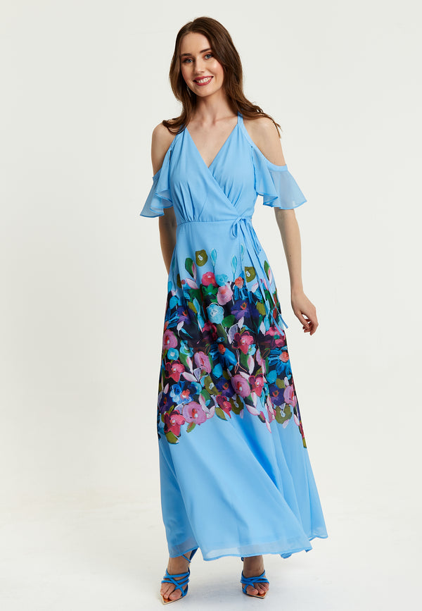 Liquorish Women's Maxi Dress With Frill Details In Blue Cold Shoulder And Sleeveless Design Floral Print - Liquorish
