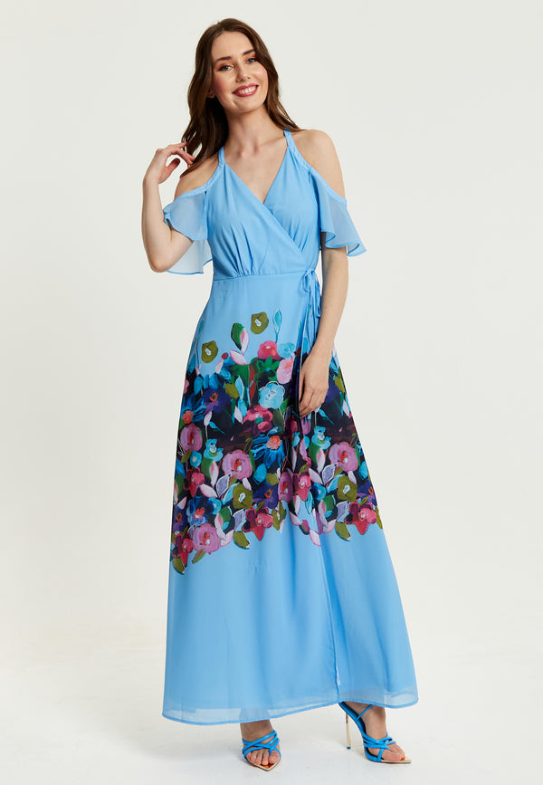 Liquorish Women's Maxi Dress With Frill Details In Blue Cold Shoulder And Sleeveless Design Floral Print - Liquorish