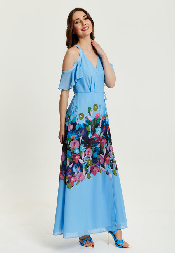 Liquorish Women's Maxi Dress with Frill Details in Blue Cold Shoulder and Sleeveless Design Floral Print - Liquorish