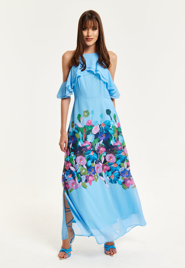 Liquorish Women's Maxi Dress With Frill Details In Blue Sleeveless Design Floral Print Perfect Fit - Liquorish