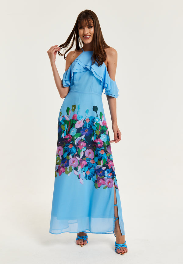 Liquorish Women's Maxi Dress With Frill Details In Blue Sleeveless Design Floral Print Perfect Fit - Liquorish