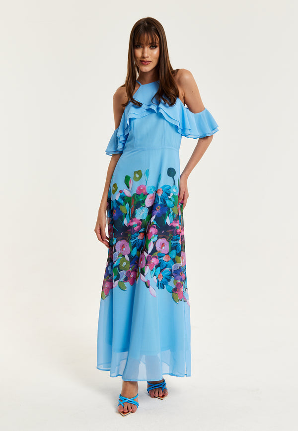 Liquorish Women's Maxi Dress With Frill Details In Blue Sleeveless Design Floral Print Perfect Fit - Liquorish