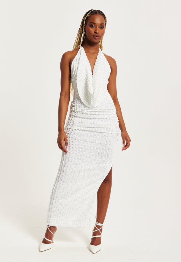 Liquorish Women’s Maxi Dress With Halter Neck And Deep V Neck In White - Bodycon Fit Jersey By Liquorish