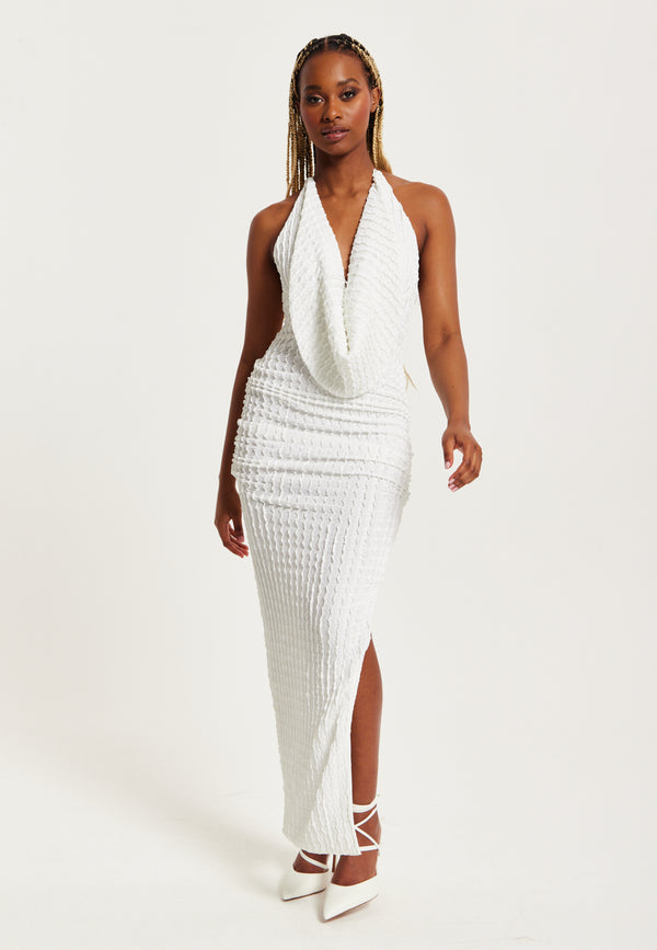 Liquorish Women’s Maxi Dress with Halter Neck and Deep V Neck in White - Bodycon Fit Jersey by Liquorish