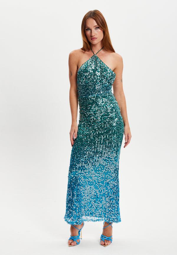 Liquorish Women's Maxi Dress With Halter Neck & Open Back Slim Fit Zip-Side Fastening Sequin Detail In Beautiful Color - Liquorish