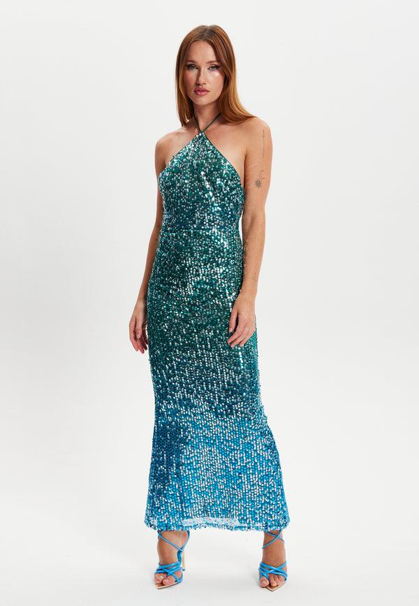 Liquorish Women's Maxi Dress With Halter Neck & Open Back Slim Fit Zip-Side Fastening Sequin Detail In Beautiful Color - Liquorish