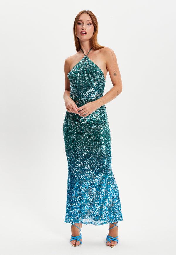 Liquorish Women's Maxi Dress with Halter Neck & Open Back Slim Fit Zip-Side Fastening Sequin Detail in Beautiful Color - Liquorish