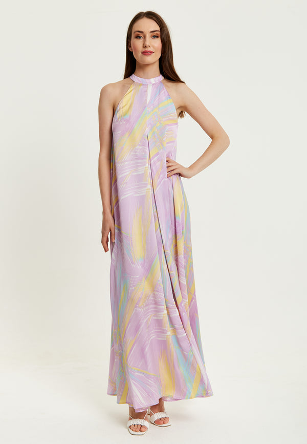 Liquorish Women's Maxi Dress With High Neck And Front Slit In Lilac - Floaty Sleeveless Style By Liquorish