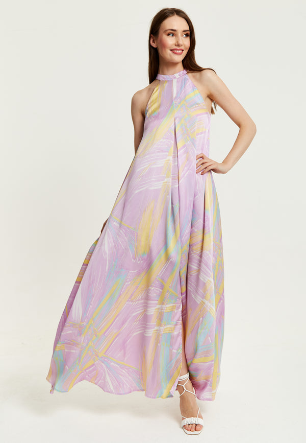 Liquorish Women's Maxi Dress with High Neck and Front Slit in Lilac - Floaty Sleeveless Style by Liquorish
