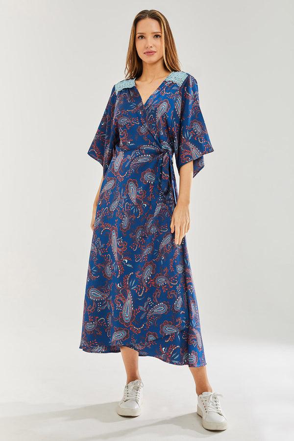 Liquorish Women's Maxi Dress with Kimono Sleeves and Blue Lace Details in Navy Floral Print - Liquorish
