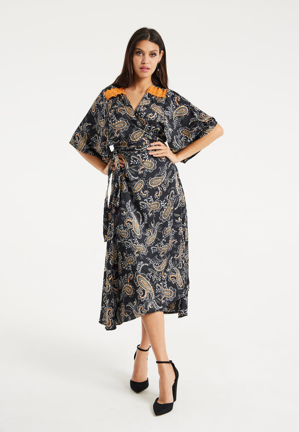 Liquorish Women’s Maxi Dress With Kimono Sleeves And Orange Lace Black Floral Print Wrap Design Elegant Style By Liquorish