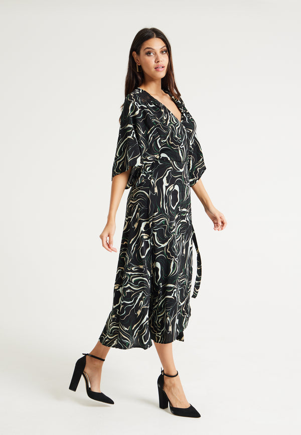 Liquorish Women’s Maxi Dress With Kimono Sleeves In Black - Flattering Wrap Design And Unique Scribble Print By Liquorish