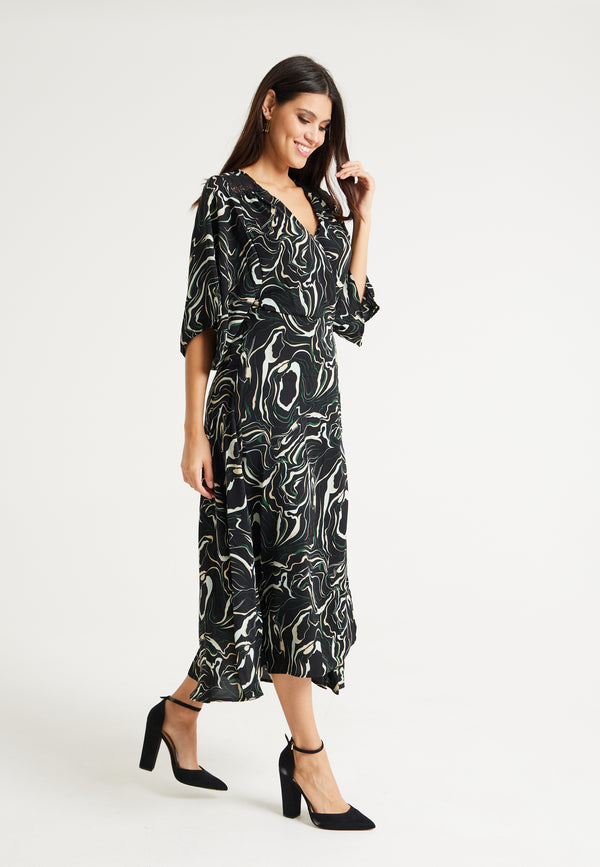 Liquorish Women’s Maxi Dress With Kimono Sleeves In Black - Flattering Wrap Design And Unique Scribble Print By Liquorish