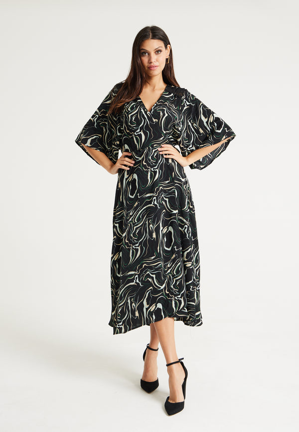 Liquorish Women’s Maxi Dress with Kimono Sleeves in Black - Flattering Wrap Design and Unique Scribble Print by Liquorish