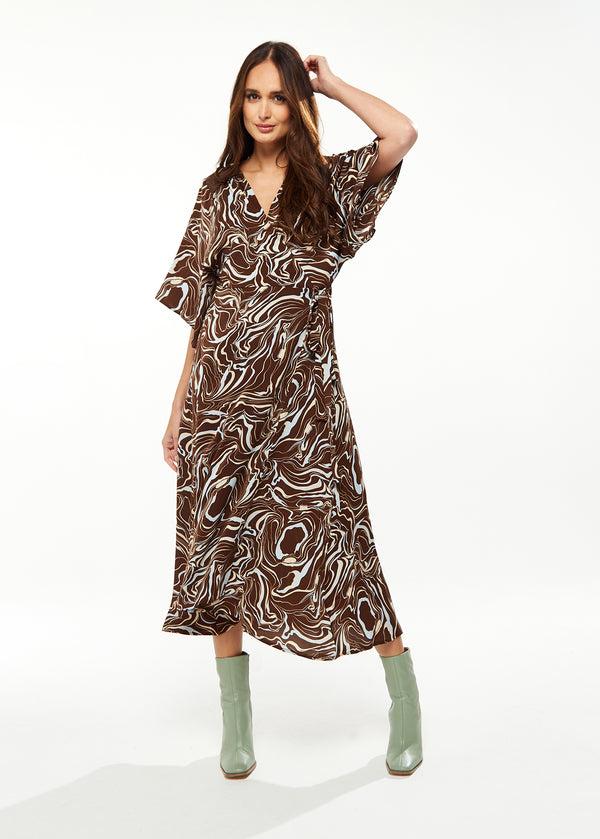Liquorish Women's Maxi Dress With Kimono Sleeves In Brown - Scribble Print Wrap Style By Liquorish