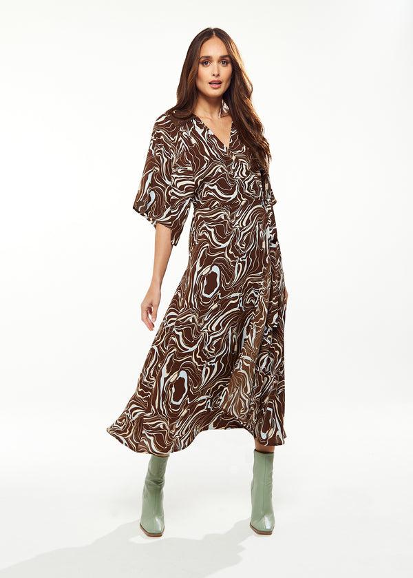 Liquorish Women's Maxi Dress with Kimono Sleeves in Brown - Scribble Print Wrap Style by Liquorish