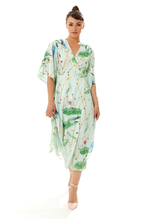 Liquorish Women's Maxi Dress With Kimono Sleeves In Mint Green - Flattering Wrap Style And Charming Bird Print By Liquorish
