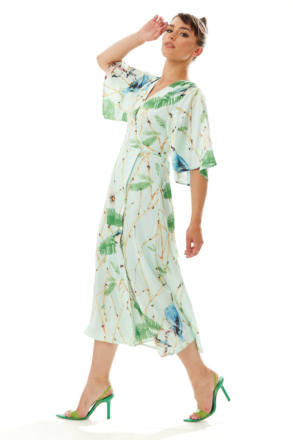 Liquorish Women's Maxi Dress With Kimono Sleeves In Mint Green - Flattering Wrap Style And Charming Bird Print By Liquorish
