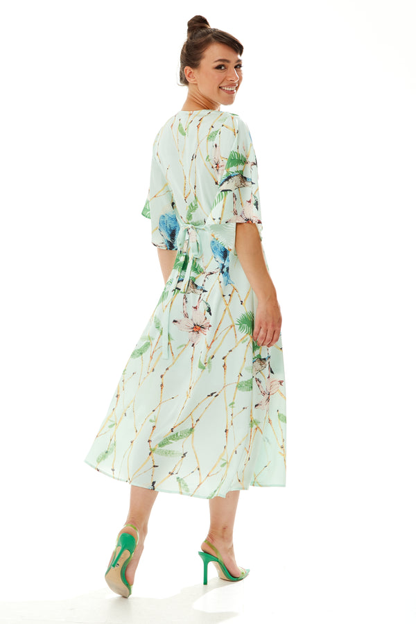 Liquorish Women's Maxi Dress With Kimono Sleeves In Mint Green - Flattering Wrap Style And Charming Bird Print By Liquorish