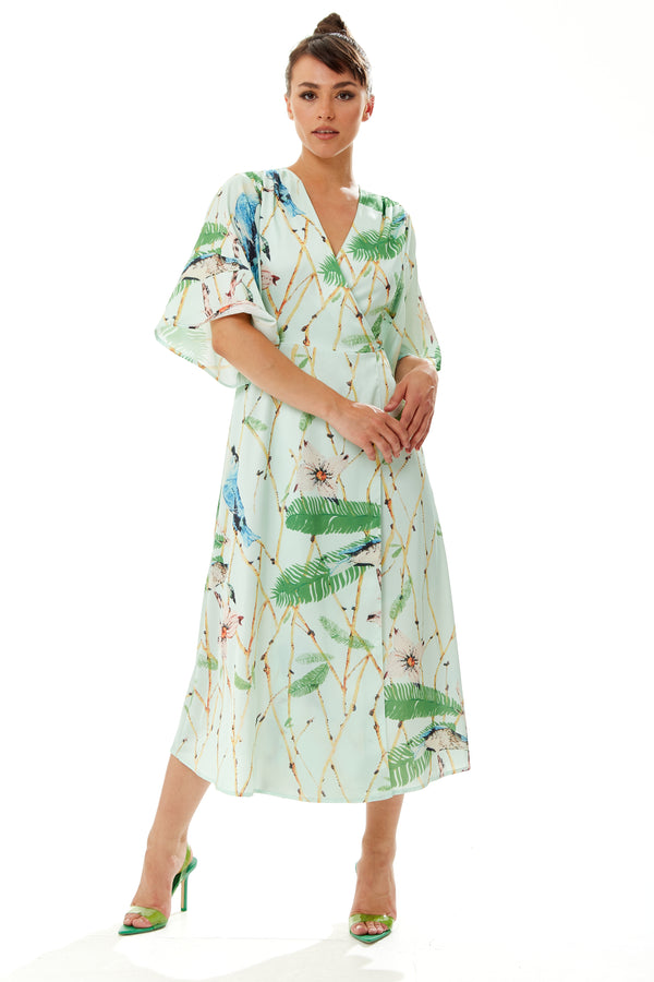 Liquorish Women's Maxi Dress with Kimono Sleeves in Mint Green - Flattering Wrap Style and Charming Bird Print by Liquorish