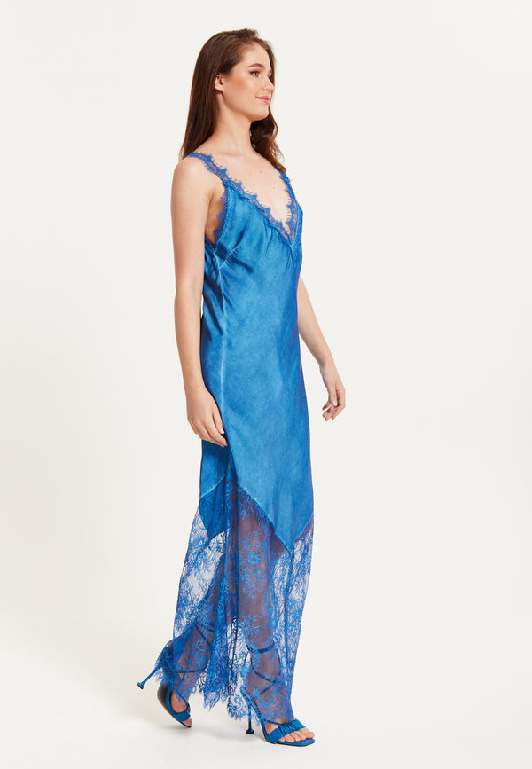 Liquorish Women's Maxi Dress With Lace Detail Deep V-Neck And Ankle Length In Blue - Liquorish