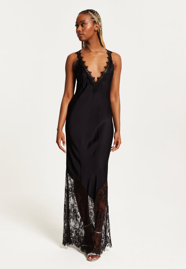 Liquorish Women's Maxi Dress With Lace Detail Deep V-Neck And Flowing Silhouette In Black - Liquorish